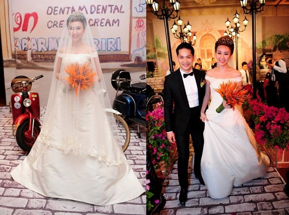 Ngân Khánh lộng lẫy trong chiếc váy thuộc bộ sưu tập váy cưới Xuân 2015 của Oscar de la Renta, được bán với giá khoảng 200 triệu đồng.